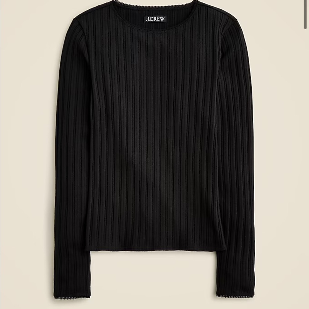J Crew Pointelle long sleeve T-shirt Black Scoopneck Ribbed Stretch Sz L NEW